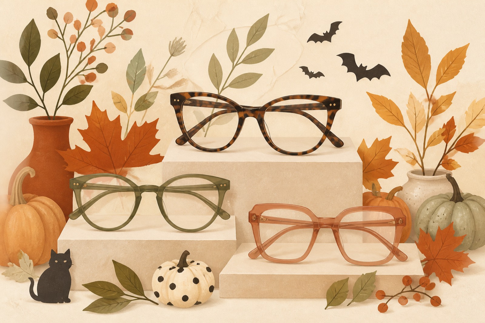 Fall eyewear display with stylish frames, autumn leaves, pumpkins, and subtle Halloween decorations